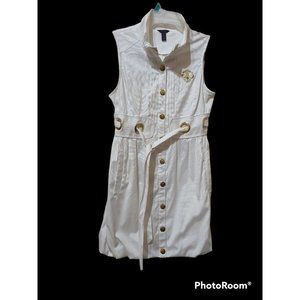 Dereon white denim dress size L sleeveless snap front gold accents belted stretc